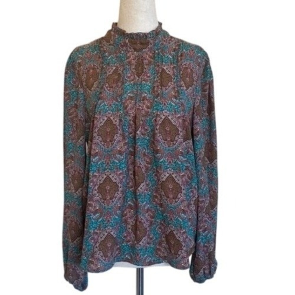 Joie Balloon Sleeve Mock Neck Pleated Bodice Keyhole‎ Blouse Teal/Brown M